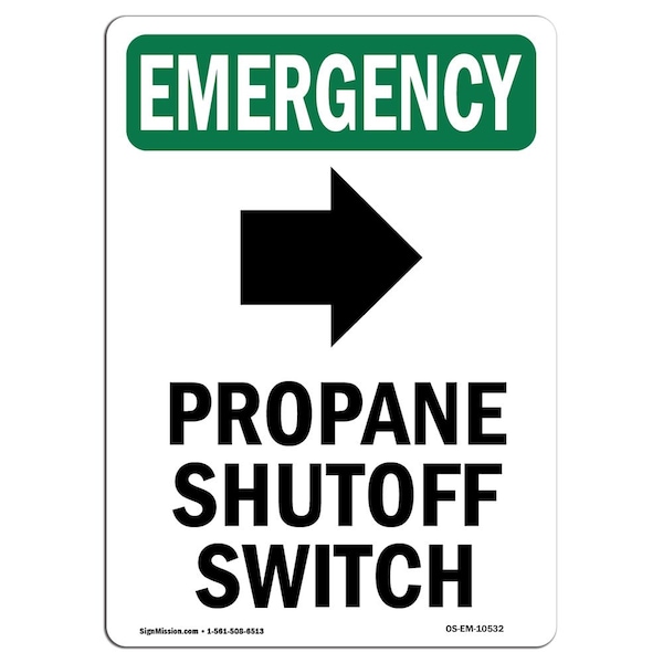 Safety Sign, OSHA EMERGENCY, 5" Height, Propane Shutoff Switch, Portrait, 10PK